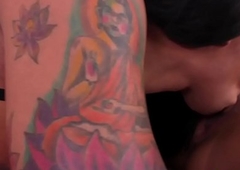 Tattooed ts pleasures her asian girlfriend