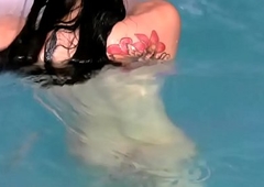 Big ass ghetto-blaster plays with her massive penis in pool together with cums