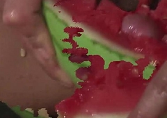Big ass latin chick shemale ejaculates hard after pounding a watermelon