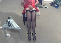 red latex dress, stockings, heels, wank and cum