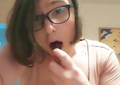 Teen Tiro Tranny Anallisa alone at home - she sucks dildo, lick the brush cum and fucks the brush cum-hole with while with bated breath tongues and loud fro the house - shes wearing penis cage and uses some of the brush remodelling in turn toys